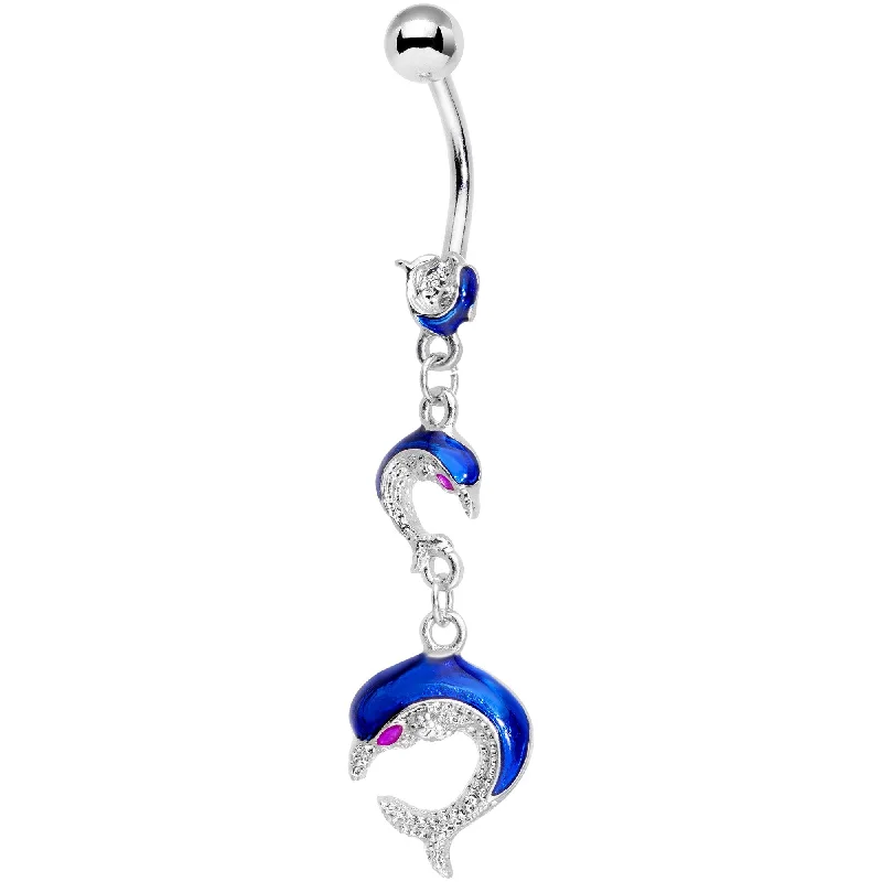 Designer Belly Rings with Artistic Features -Purple Gem Blue Glitter Dolphins Dangle Belly Ring Designer Belly Rings with Artistic Features -Purple Gem Blue Glitter Dolphins Dangle Belly Ring