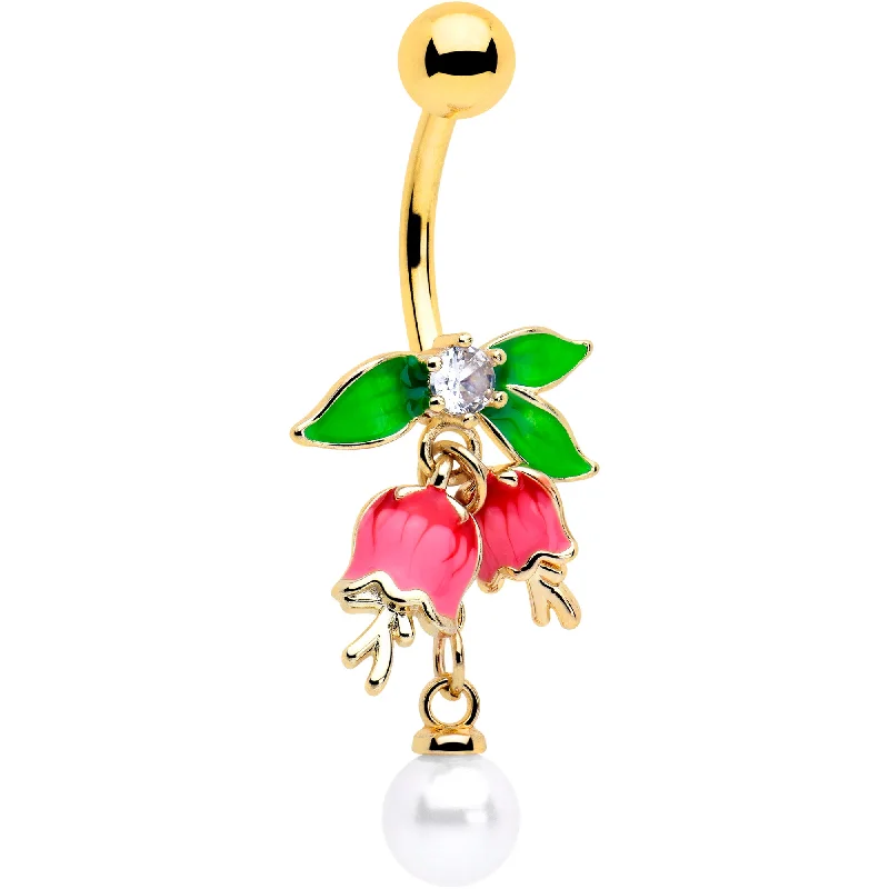 Comfortable Belly Rings with Elegant Touch -Clear CZ Gem Gold Tone Bell Flower Dangle Belly Ring Comfortable Belly Rings with Elegant Touch -Clear CZ Gem Gold Tone Bell Flower Dangle Belly Ring