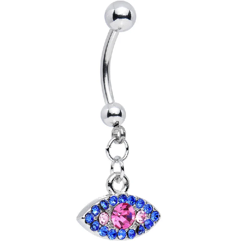 Unique Belly Rings for Bold Fashion -Pink and Blue Gem Enticing Eye Dangle Belly Ring