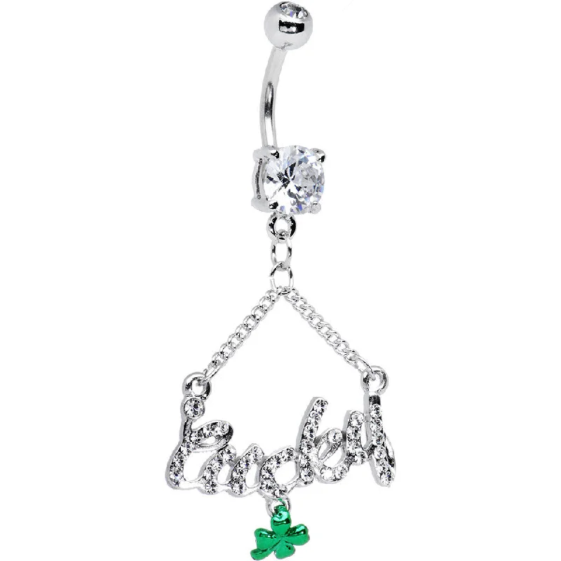 Trendy Belly Rings for Every Fashionista -Clear Gem Lucky Shamrock Dangle Belly Ring Trendy Belly Rings for Every Fashionista -Clear Gem Lucky Shamrock Dangle Belly Ring