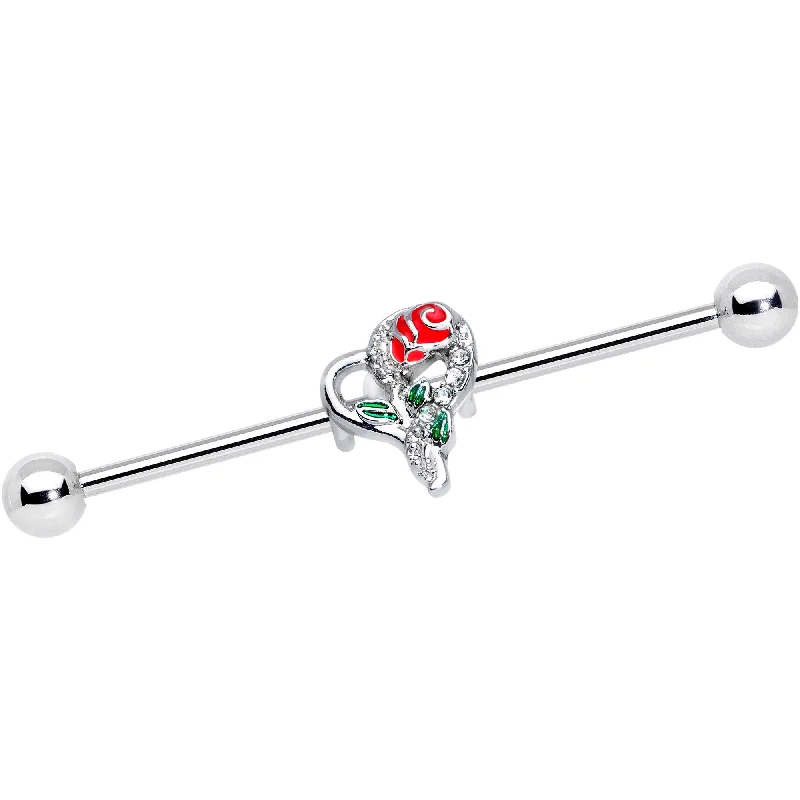Women's Earrings – Elegant Designs for Every Personality--14 Gauge Clear Gem Open Heart Rose Valentines Industrial Barbell 38mm
