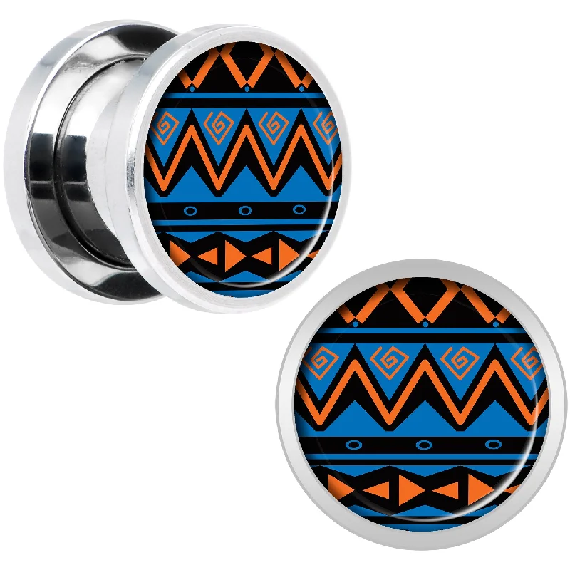 Women's Earrings – Elegant Designs for Every Personality--Blue Orange Tribal Print Steel Screw Fit Plug Set 00 Gauge