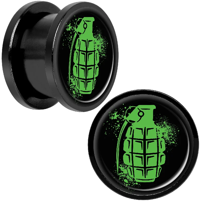 Women's Earrings – Elegant Designs for Every Personality--Green Grenade Black Anodized Screw Fit Plug Set 9/16 Women's Earrings – Elegant Designs for Every Personality--Green Grenade Black Anodized Screw Fit Plug Set 9/16