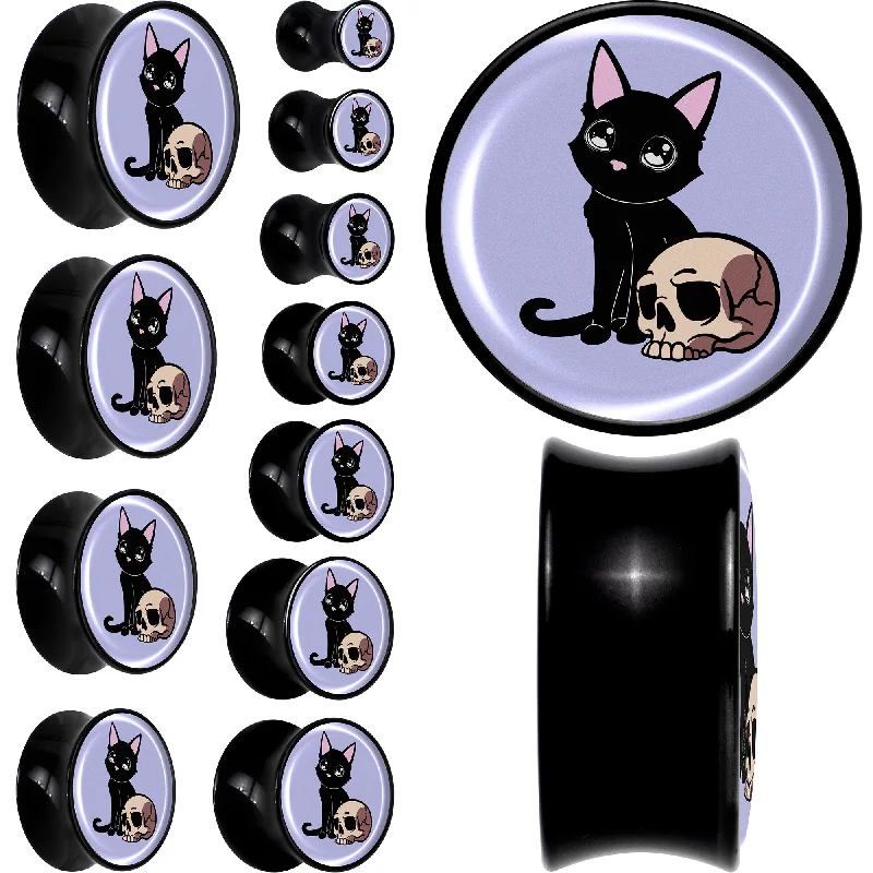 Women's Earrings – Elegant Designs for Every Personality--0 Gauge Skull Cat Black Acrylic Saddle Plug Set