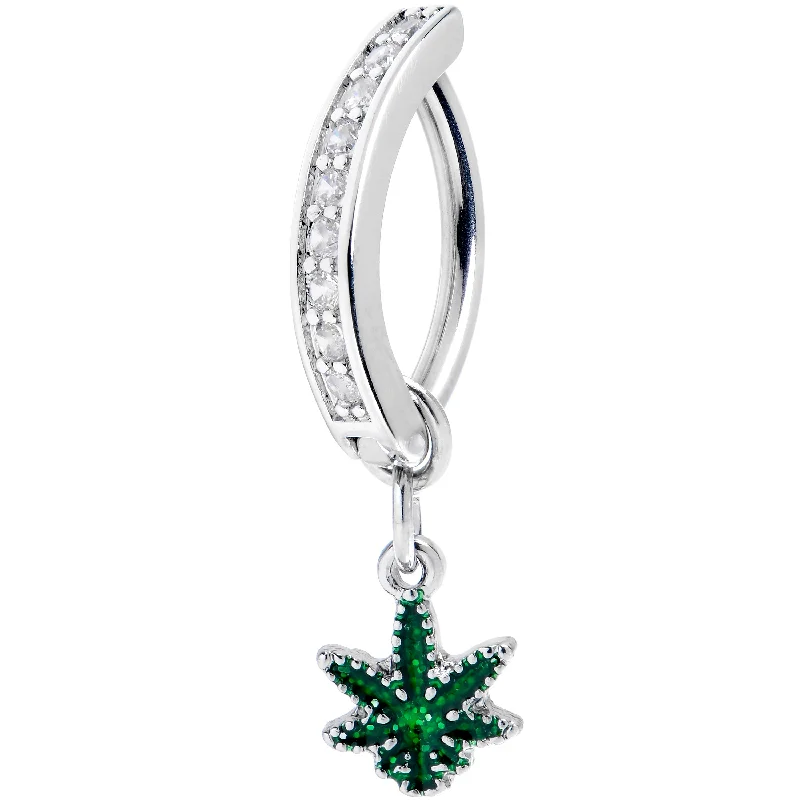 Designer Belly Rings for Luxury Look -14 Gauge 3/8 Clear Gem Grade 23 Titanium Pot Leaf Dangle Hinged Hoop Belly Ring Designer Belly Rings for Luxury Look -14 Gauge 3/8 Clear Gem Grade 23 Titanium Pot Leaf Dangle Hinged Hoop Belly Ring
