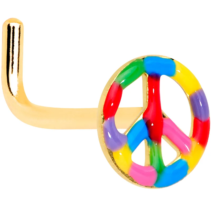 Easy-Wear Nose Rings -18 Gauge 5/16 Gold Tone Rainbow Hippie Peace Sign L Shaped Nose Ring Easy-Wear Nose Rings -18 Gauge 5/16 Gold Tone Rainbow Hippie Peace Sign L Shaped Nose Ring