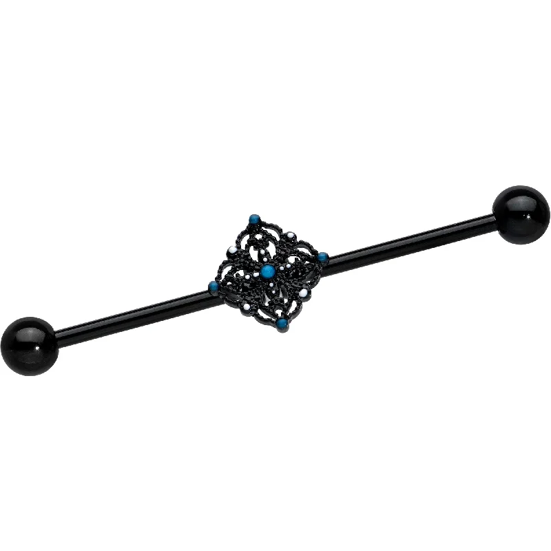 Women's Earrings – Elegant Designs for Every Personality--14 Gauge Blue Gem Black Lacy Rhombus Industrial Barbell 38mm