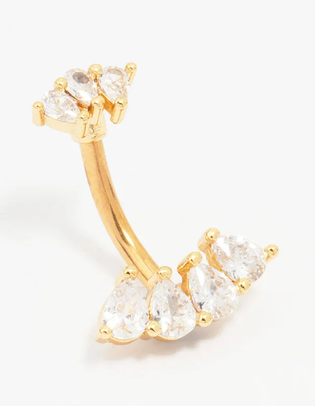 Stylish Belly Rings for Creative Fashion -Gold Plated Surgical Steel Double Pear Fan Belly Piercing Stylish Belly Rings for Creative Fashion -Gold Plated Surgical Steel Double Pear Fan Belly Piercing