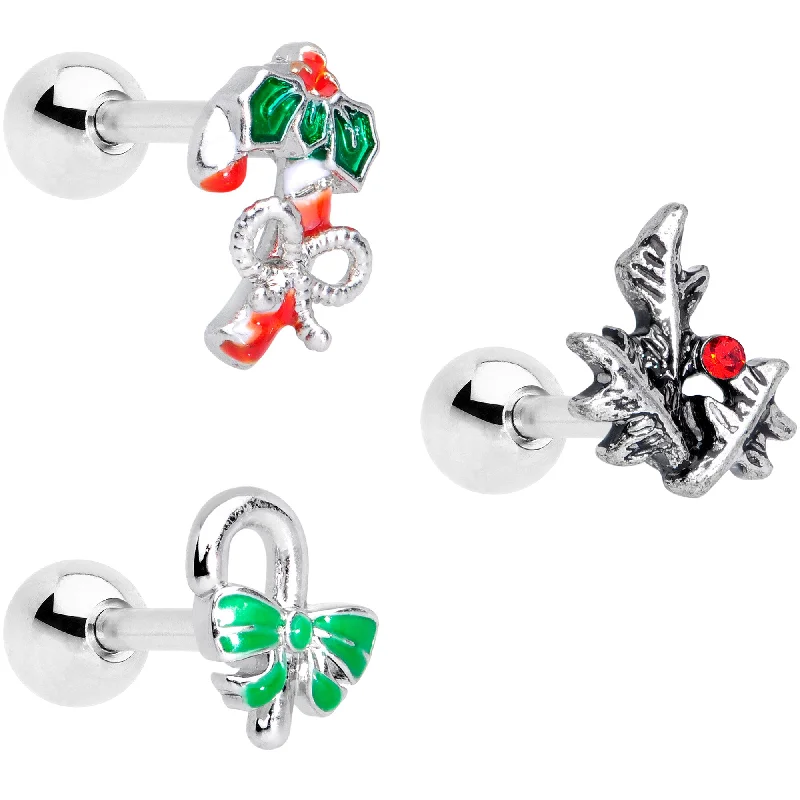 Women's Earrings – Elegant Designs for Every Personality--16 Gauge 1/4 Holly Candy Cane Christmas Cartilage Tragus Set of 3 Women's Earrings – Elegant Designs for Every Personality--16 Gauge 1/4 Holly Candy Cane Christmas Cartilage Tragus Set of 3