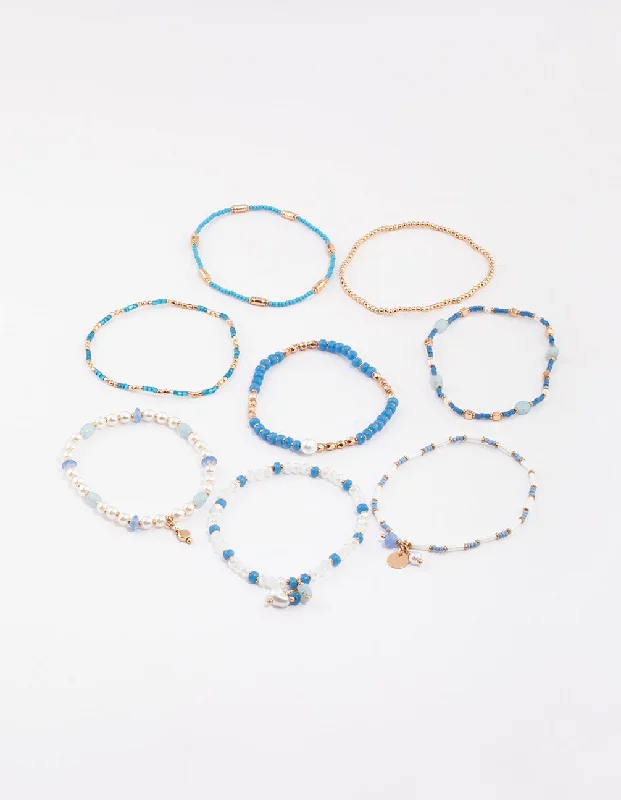 Elegant Simple Bangles for Women-Gold Mixed Facet Pearly Bead Pack Bracelet