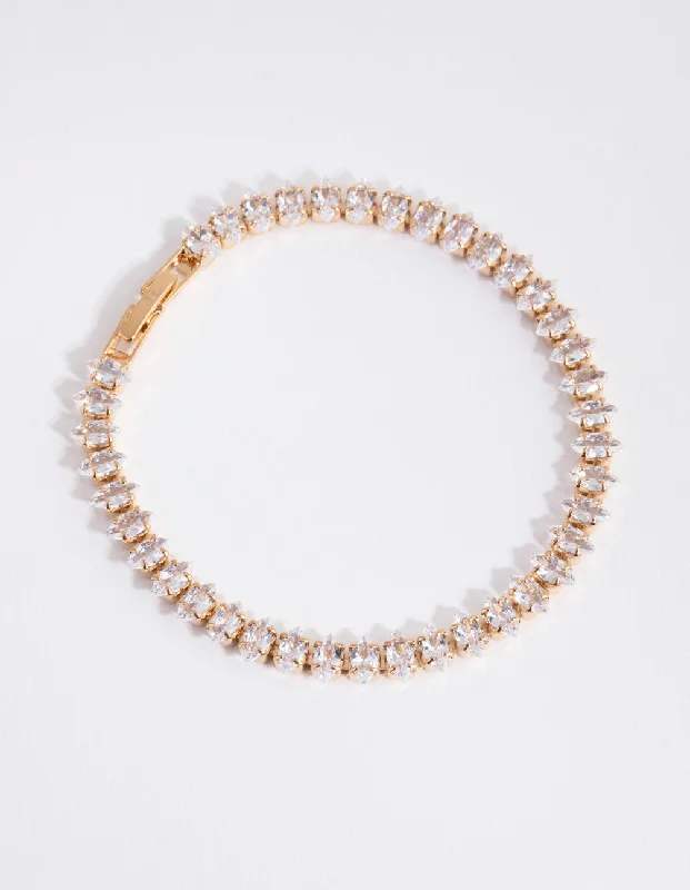 Trendy Cuff Bangles for Women-Gold Cubic Zirconia Navette Tennis Bracelet