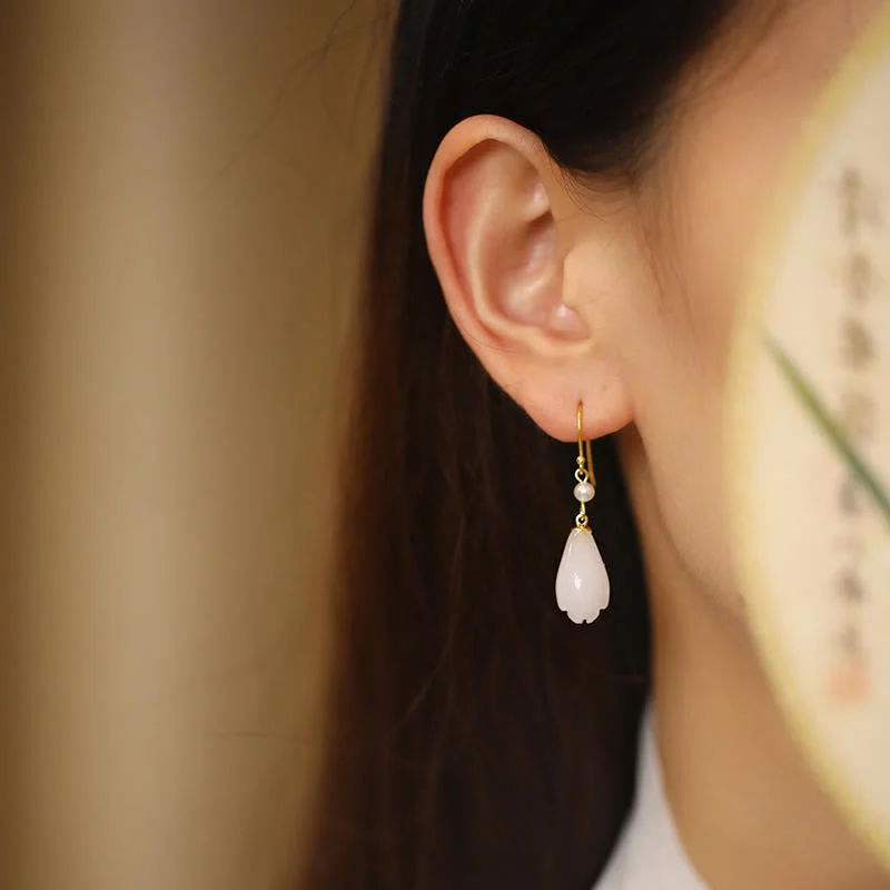 Women's Earrings – Elegant Designs for Every Personality--Buddha Stones 925 Sterling Silver White Jade Magnolia Flower Happiness Drop Earrings