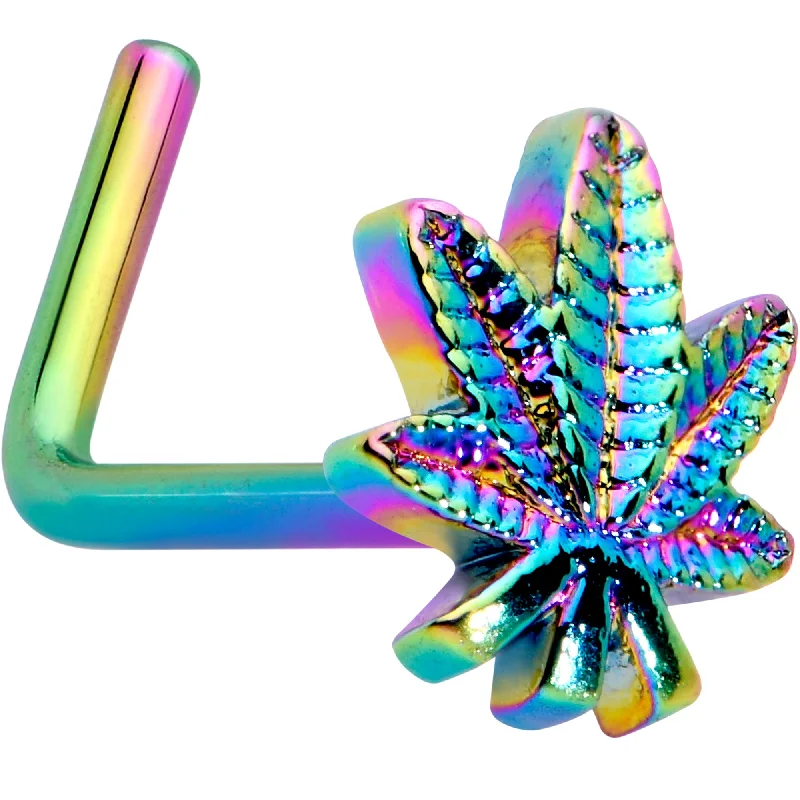 Beautiful Nose Rings with Radiant Shine -20 Gauge 1/4 Rainbow Anodized Texture Pot Leaf L Shape Nose Ring Beautiful Nose Rings with Radiant Shine -20 Gauge 1/4 Rainbow Anodized Texture Pot Leaf L Shape Nose Ring