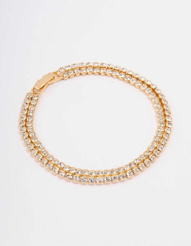 Bangles with Simple Detailing for Women-Gold Plated Brass Double Classic Tennis Bracelet Bangles with Simple Detailing for Women-Gold Plated Brass Double Classic Tennis Bracelet