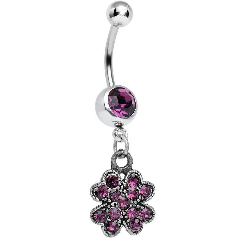Belly Rings with Unique Gemstones for Stunning Effect -Antique Silver Giant Clover Violet Gem Dangle Belly Ring Belly Rings with Unique Gemstones for Stunning Effect -Antique Silver Giant Clover Violet Gem Dangle Belly Ring