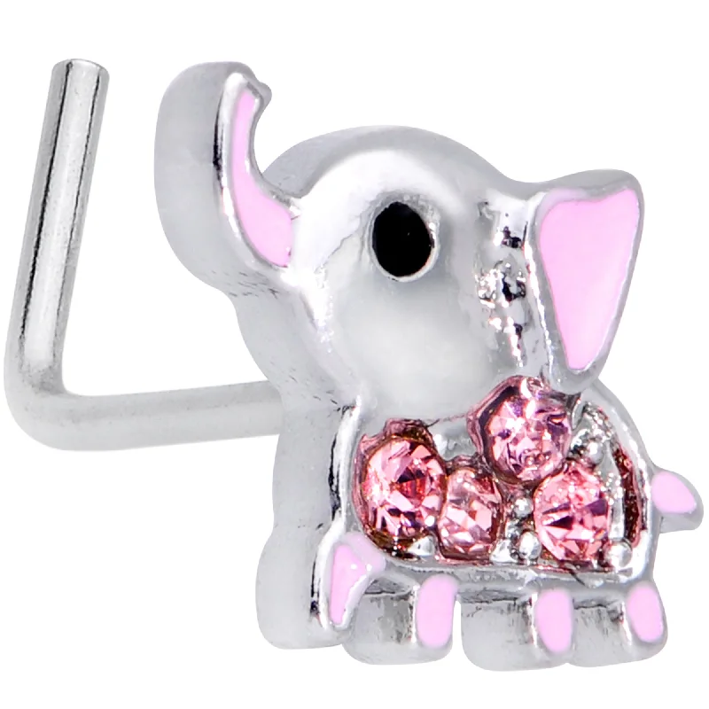 Nose Rings with Crystals -20 Gauge 5/16 Pink Gem Lucky Elephant L Shaped Nose Ring