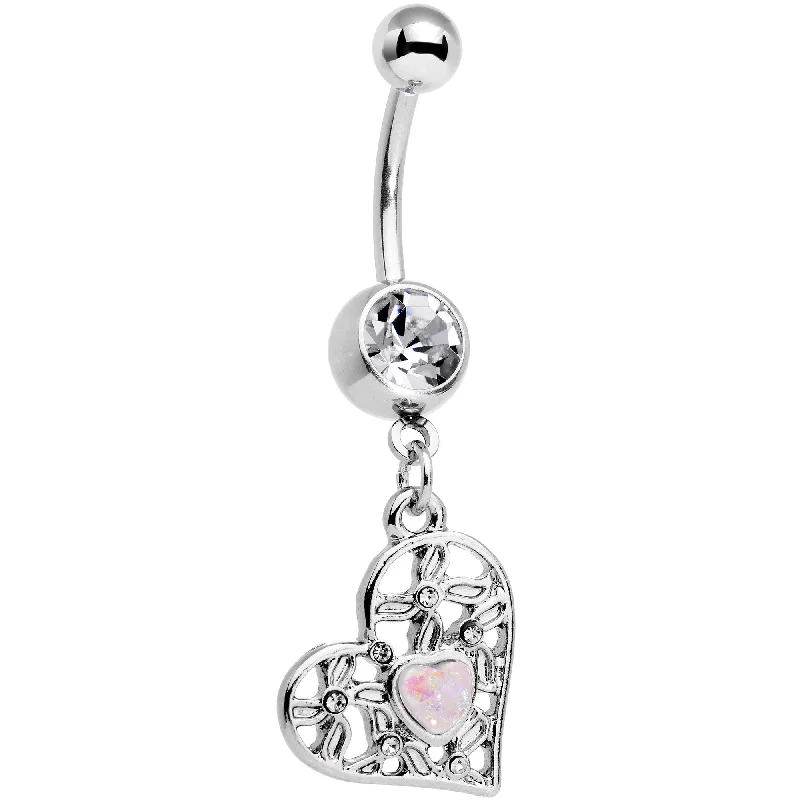 Designer Belly Rings for Glamorous Looks -White Faux Opal Clear Gem Flower Heart Dangle Belly Ring Designer Belly Rings for Glamorous Looks -White Faux Opal Clear Gem Flower Heart Dangle Belly Ring