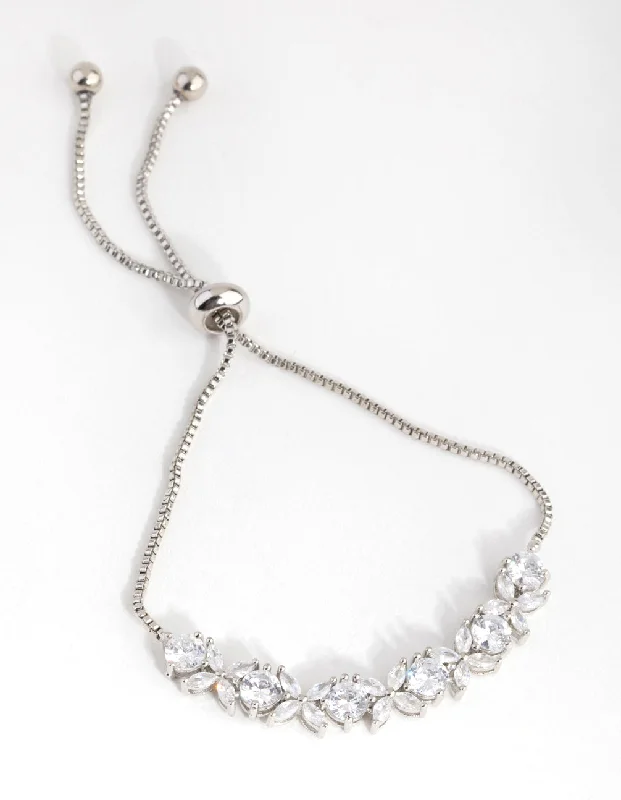 Unique Gemstone Bangles for Women-Silver Cubic Zirconia Navette Flower Toggle Tennis Bracelet