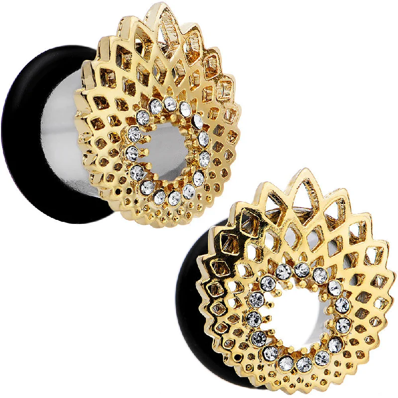 Women's Earrings – Elegant Designs for Every Personality--00 Gauge Clear Gem Golden Gala Feather Single Flare Tunnel Plug Set Women's Earrings – Elegant Designs for Every Personality--00 Gauge Clear Gem Golden Gala Feather Single Flare Tunnel Plug Set