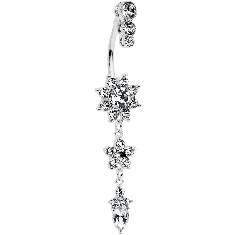 Stunning Belly Rings for Bold Statements -Clear Gem Triple Top Double Flower Drop Dangle Belly Ring Stunning Belly Rings for Bold Statements -Clear Gem Triple Top Double Flower Drop Dangle Belly Ring