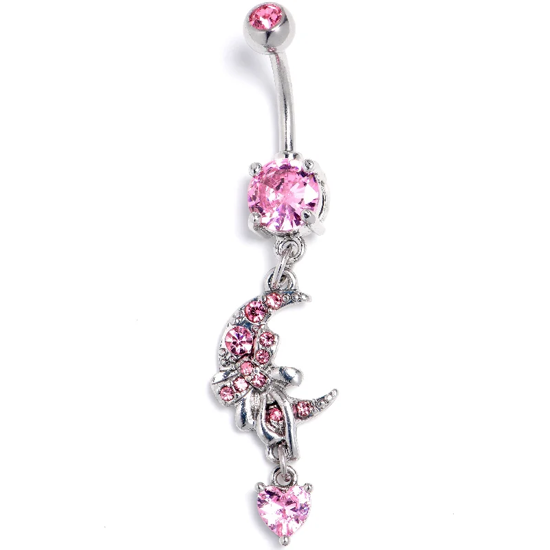 Trendy Belly Rings for Fashion-Forward Women -Pink CZ Gem Moon Bow Heart Dangle Belly Ring
