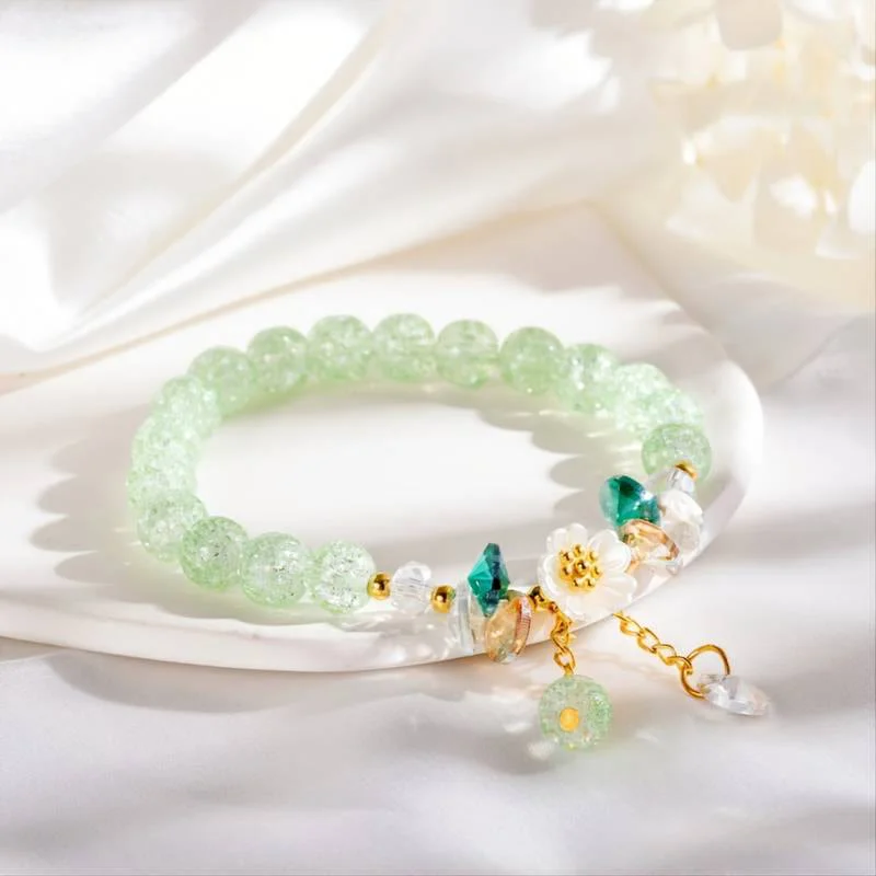 Thin Silver Bangles for Women-Buddha Stones Simple Design Flower Charm Glass Bead Bracelet Thin Silver Bangles for Women-Buddha Stones Simple Design Flower Charm Glass Bead Bracelet