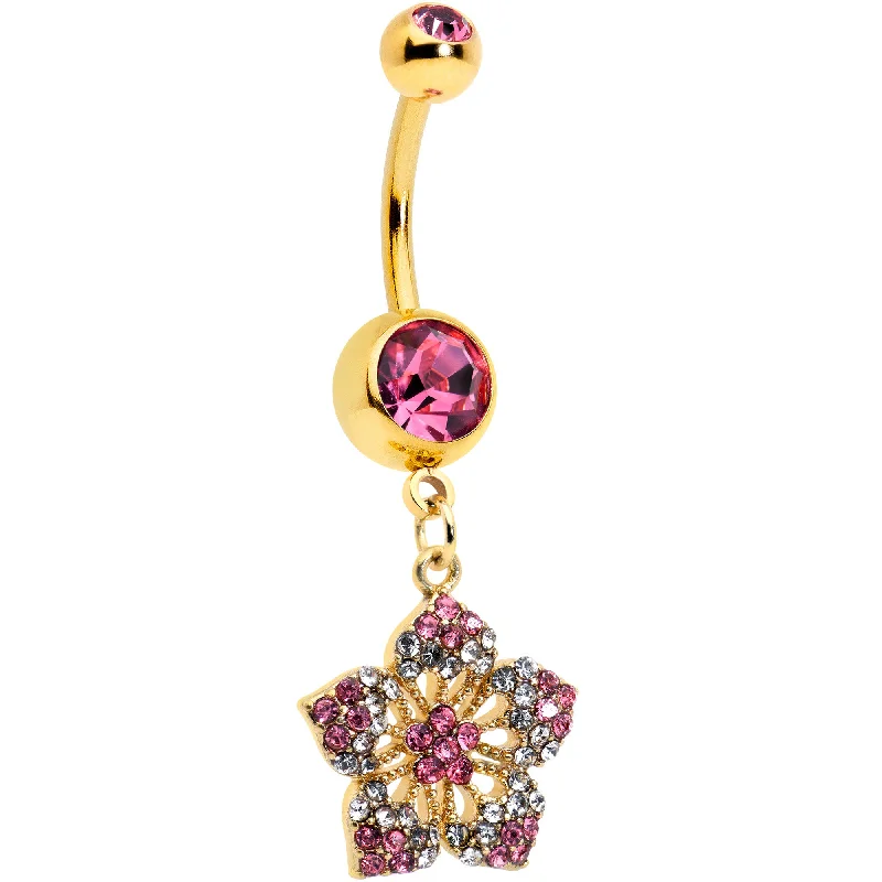 Trendy Belly Rings with Chic Finish -Pink Clear Gem Gold Tone Texture Star Dangle Belly Ring Trendy Belly Rings with Chic Finish -Pink Clear Gem Gold Tone Texture Star Dangle Belly Ring