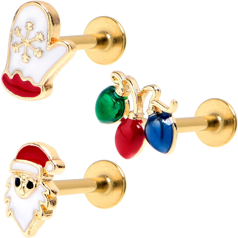 Comfortable Lip Rings with Sparkling Detail16 Gauge 5/16 Gold Tone Santa Mitten Lights Labret Tragus Set of 3