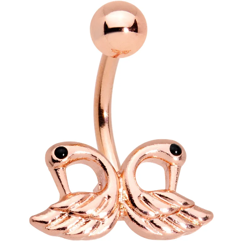 Belly Rings with Exotic Patterns for Unique Style -Rose Gold Plated Ruffled Feather Dual Swans Belly Ring Belly Rings with Exotic Patterns for Unique Style -Rose Gold Plated Ruffled Feather Dual Swans Belly Ring