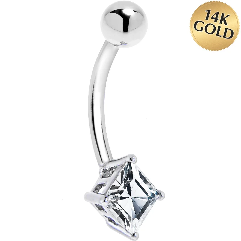 Trendy Belly Rings for Bold Fashionistas -16 Gauge Solid 14KT White Gold CZ SQUARE SOLITAIRE Belly Ring Trendy Belly Rings for Bold Fashionistas -16 Gauge Solid 14KT White Gold CZ SQUARE SOLITAIRE Belly Ring