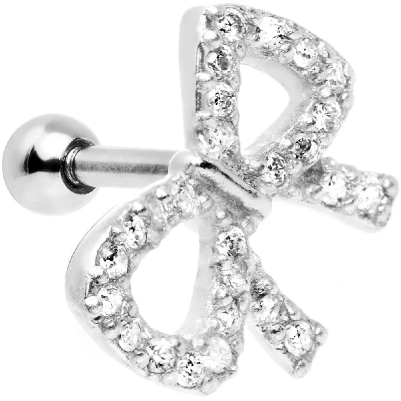 Women's Earrings – Elegant Designs for Every Personality--16 Gauge 1/4 Clear Gem 925 Silver Flashy Bow Tragus Cartilage Earring