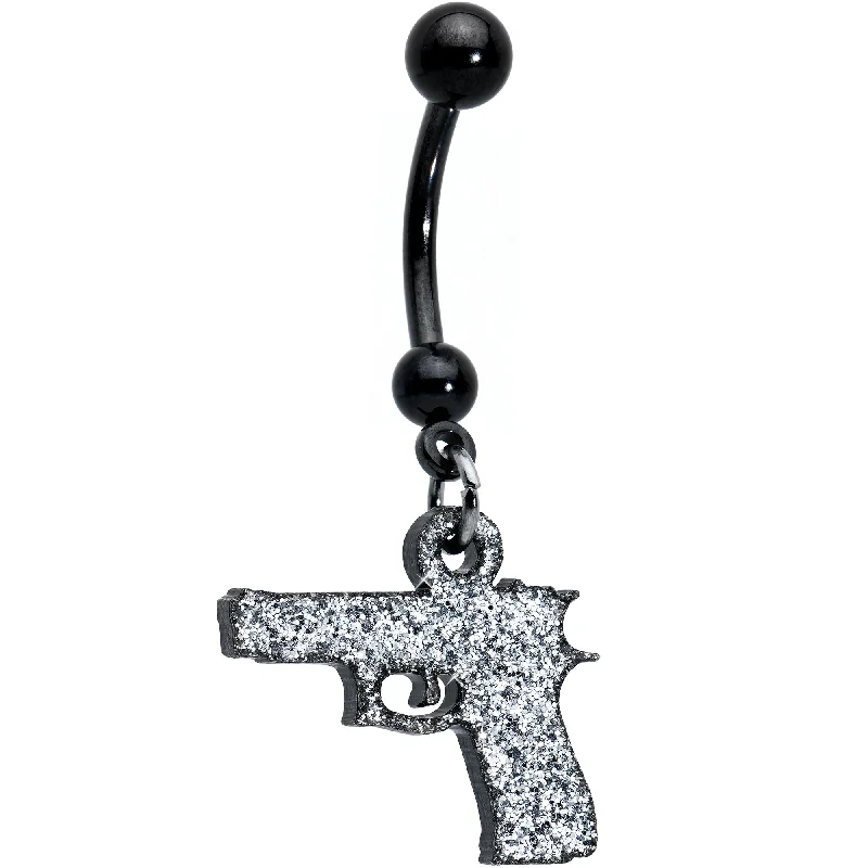 Classic Belly Rings for Subtle Style -Silver Tone Glitter Gun Dangle Belly Ring