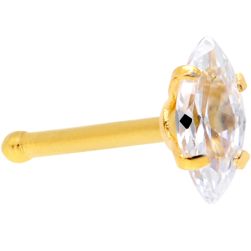 Nose Rings with Simple Designs -20 Gauge 1/4 Clear CZ Gem Gold IP Ellipse Nose Bone