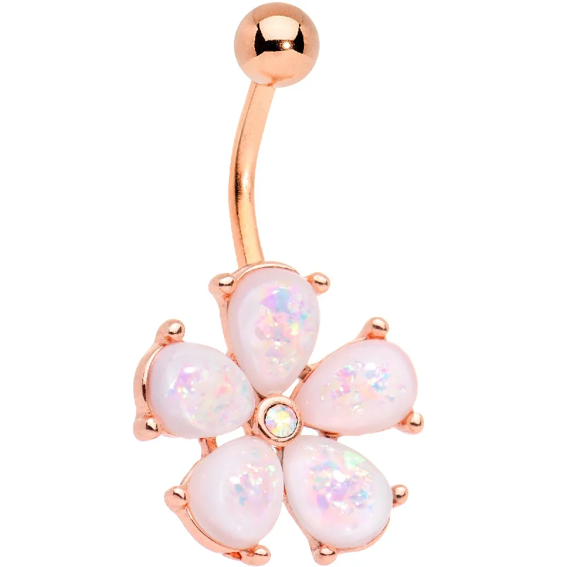 Comfortable Belly Rings for Exclusive Appeal -White Faux Opal Rose Gold IP Five Petal Flower Belly Ring Comfortable Belly Rings for Exclusive Appeal -White Faux Opal Rose Gold IP Five Petal Flower Belly Ring