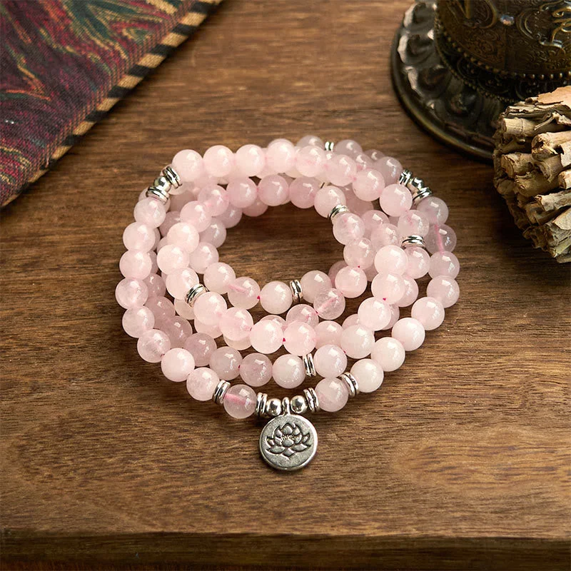 Men's Bracelets with Spiritual Stones-Buddha Stones 108 Mala Beads Natural Stone Rose Quartz Lotus Peace Bracelet Men's Bracelets with Spiritual Stones-Buddha Stones 108 Mala Beads Natural Stone Rose Quartz Lotus Peace Bracelet