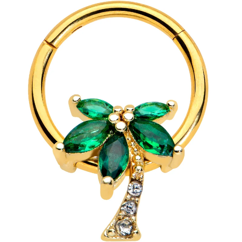 Unique Nose Rings for Stylish Women -16 Gauge 3/8 Green Gem Gold Tone Palm Tree Hinged Segment Ring Unique Nose Rings for Stylish Women -16 Gauge 3/8 Green Gem Gold Tone Palm Tree Hinged Segment Ring