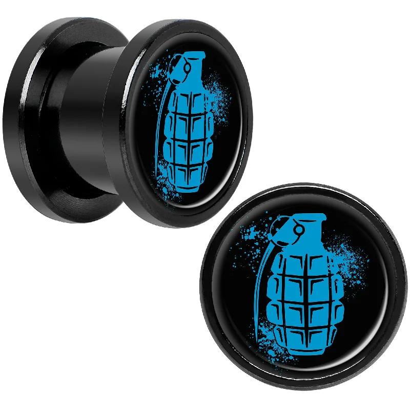 Women's Earrings – Elegant Designs for Every Personality--Blue Grenade Black Anodized Screw Fit Plug Set 00 Gauge