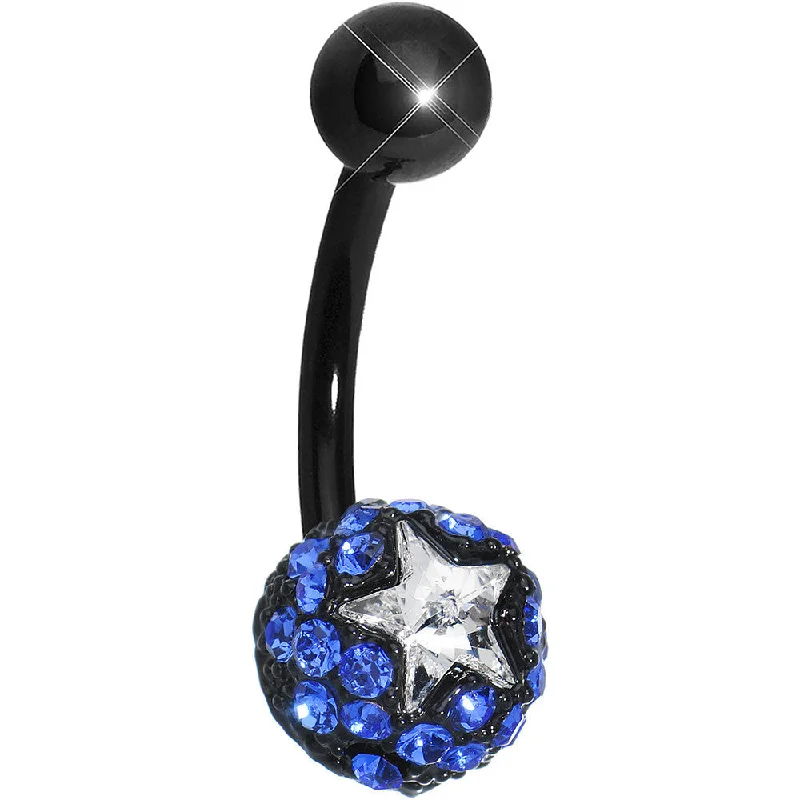 Trendy Belly Rings with Sparkling Stones -Blue Gem Paved Black La Luna and Clear Star Belly Ring Trendy Belly Rings with Sparkling Stones -Blue Gem Paved Black La Luna and Clear Star Belly Ring