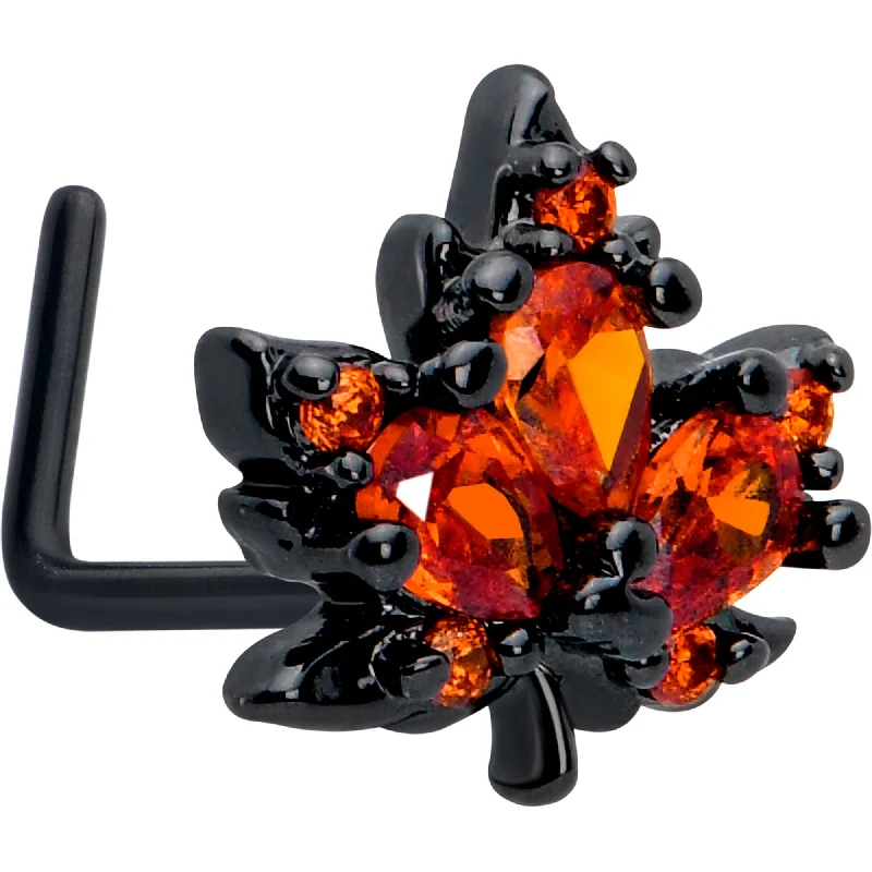 Unique and Stylish Nose Rings for All -20 Gauge 7mm Orange CZ Gem Black Autumn Leaf L Shape Nose Ring Unique and Stylish Nose Rings for All -20 Gauge 7mm Orange CZ Gem Black Autumn Leaf L Shape Nose Ring