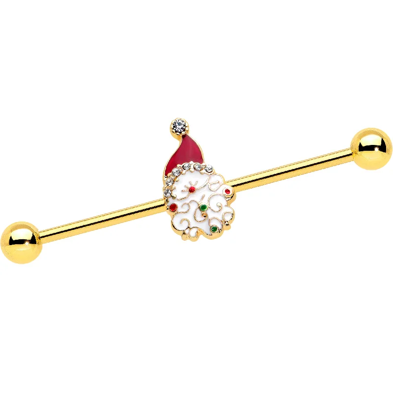 Women's Earrings – Elegant Designs for Every Personality--14 Gauge Clear Gem Gold Tone Decorated Santa Holiday Industrial Barbell 38mm