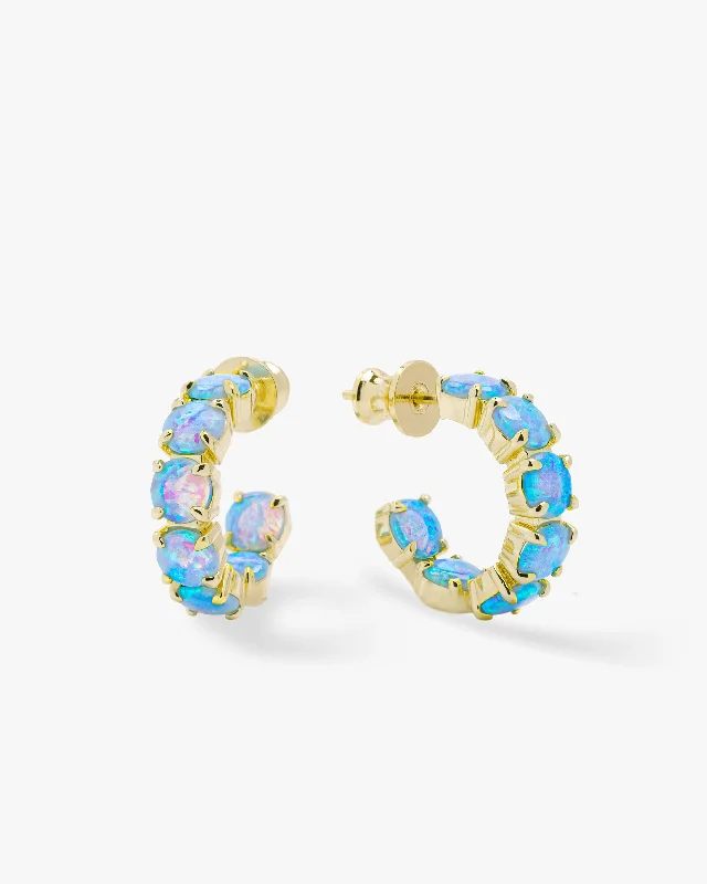 Women's Earrings – Elegant Designs for Every Personality--"Oh She Fancy" Hoops .75" - Gold|Blue Opal Women's Earrings – Elegant Designs for Every Personality--"Oh She Fancy" Hoops .75" - Gold|Blue Opal