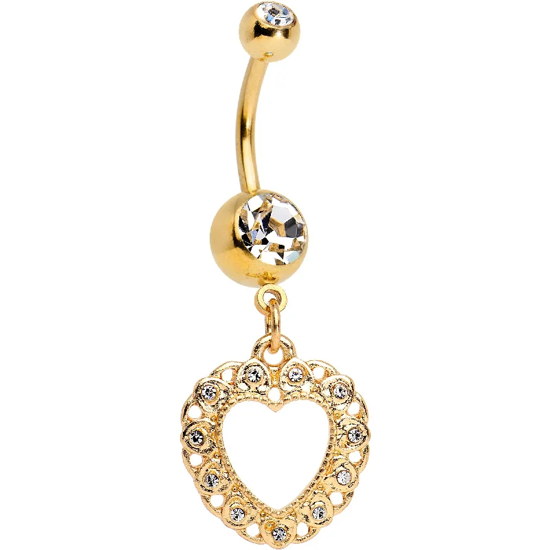 Belly Rings with Creative Details -Clear Gem Gold Tone Anodized Lacey Hollow Heart Dangle Belly Ring Belly Rings with Creative Details -Clear Gem Gold Tone Anodized Lacey Hollow Heart Dangle Belly Ring