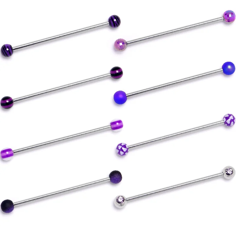 Women's Earrings – Elegant Designs for Every Personality--14 Gauge Purple Gem Hearts Black Blue Industrial Barbell 38mm Set of 8