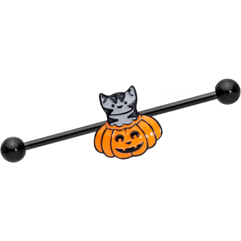 Women's Earrings – Elegant Designs for Every Personality--14 Gauge Black Tabby Cat Pumpkin Halloween Industrial Barbell 38mm