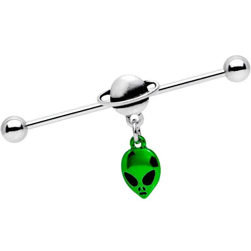 Women's Earrings – Elegant Designs for Every Personality--Out of This World Green Alien UFO Industrial Barbell 38mm