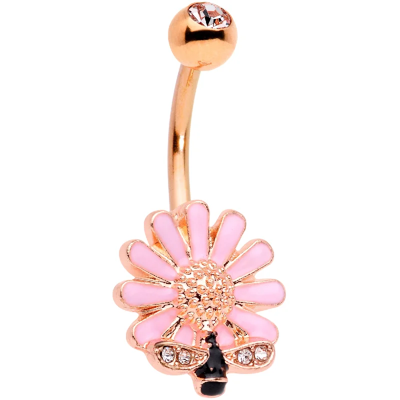 Comfortable Belly Rings for Chic and Stylish Fashion -Clear Gem Rose Gold Tone Pink Daisy Bee Belly Ring Comfortable Belly Rings for Chic and Stylish Fashion -Clear Gem Rose Gold Tone Pink Daisy Bee Belly Ring