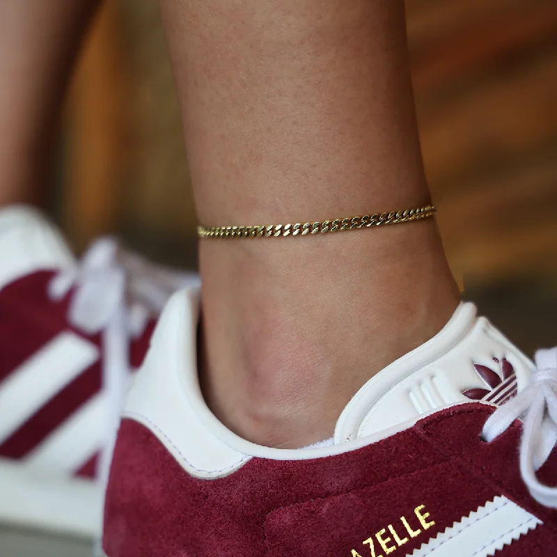Trendy Anklets with Unique Accents-Micro Cuban Anklet in Yellow Gold- 3mm