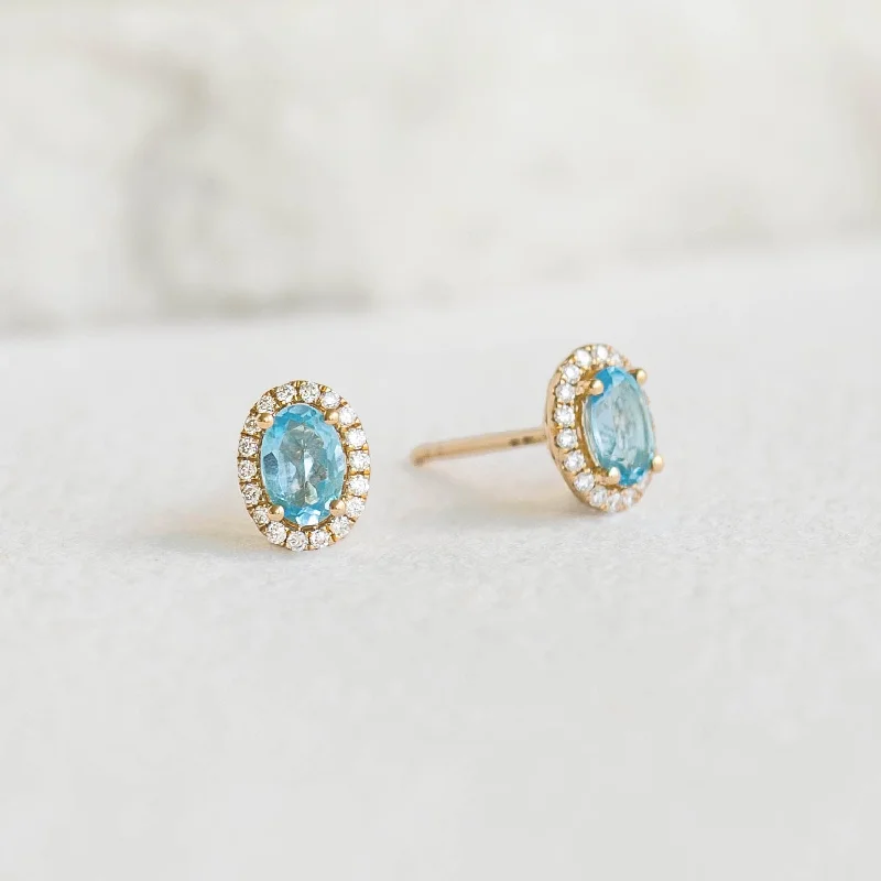 Women's Earrings – Elegant Designs for Every Personality--Swiss Blue Topaz Halo Stud Earrings 14k Gold - Marzia Women's Earrings – Elegant Designs for Every Personality--Swiss Blue Topaz Halo Stud Earrings 14k Gold - Marzia