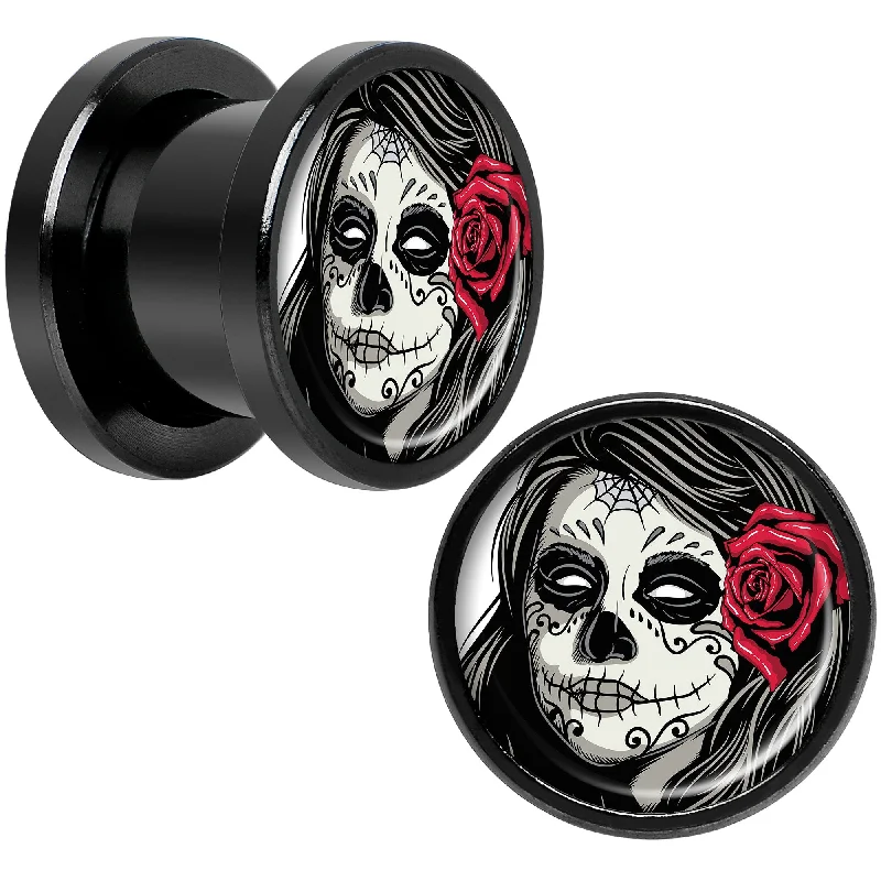 Women's Earrings – Elegant Designs for Every Personality--Katrina Sugar Skull Rose Flower Black Anodized Screw Fit Plug Set 00 Gauge Women's Earrings – Elegant Designs for Every Personality--Katrina Sugar Skull Rose Flower Black Anodized Screw Fit Plug Set 00 Gauge