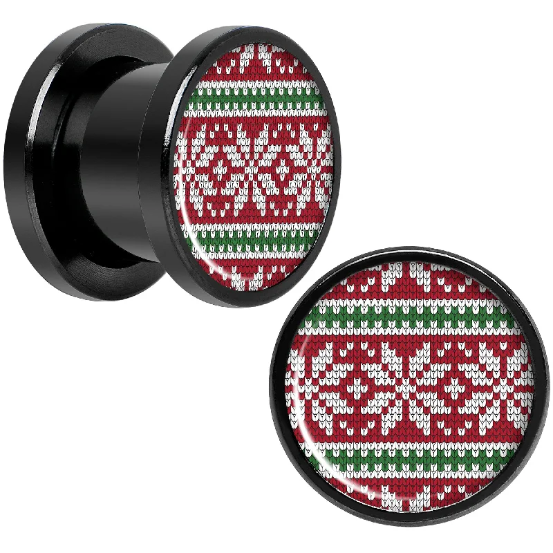 Women's Earrings – Elegant Designs for Every Personality--Red Green Christmas Sweater Black Screw Fit Plug Set Sizes 5mm to 20mm
